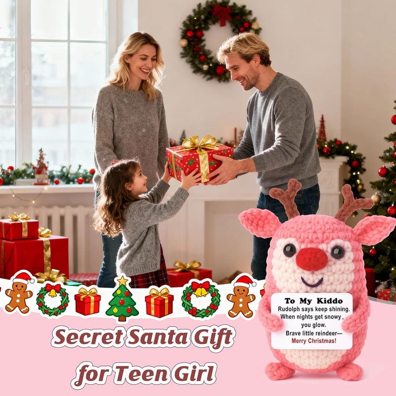 WEYON Store Stocking Stuffers for Teen Girls – Mini Crochet Reindeer Plush with Story Pun Card, Cute, Cozy Desk/Nightstand Decor, Secret Santa, Woodland Kawaii - Image 4